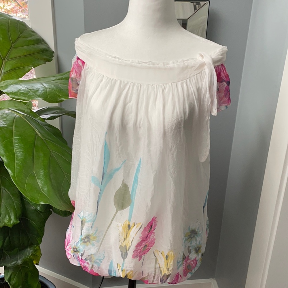 Elena Baldi Top 100% Silk White And Floral Blouse NWT